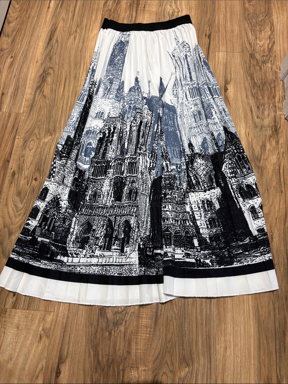 Women's Black & White Pleated Graphic Print Maxi Skirt